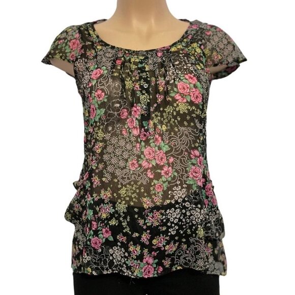 PINK ROSE Womens Sheer Boho Floral Top Large Black Multi Chiffon Slouch Pockets - Picture 5 of 16